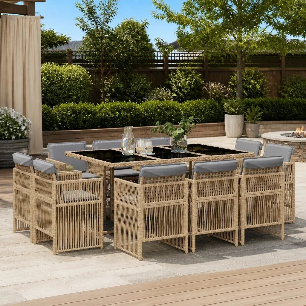 Beige Outdoor Dining Set 11 Piece Poly Rattan with Cushions Folding Chairs Tempered Glass Table