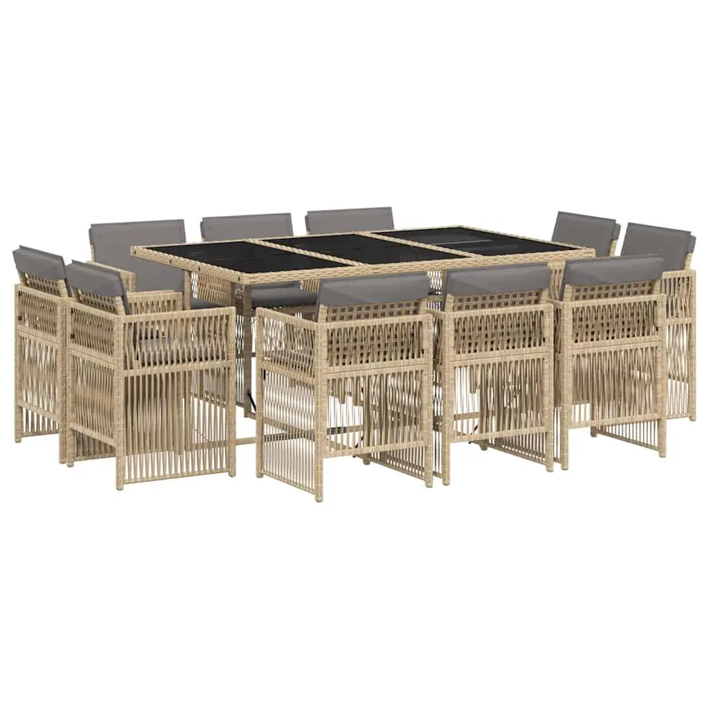 Beige Outdoor Dining Set 11 Piece Poly Rattan with Cushions Folding Chairs Tempered Glass Table