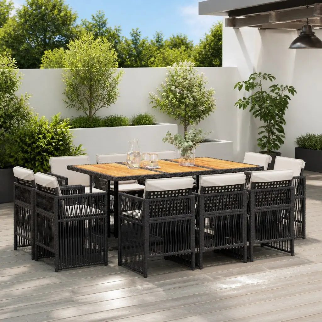 11 Piece Garden Dining Set Outdoor Furniture Black Poly Rattan with Cushions
