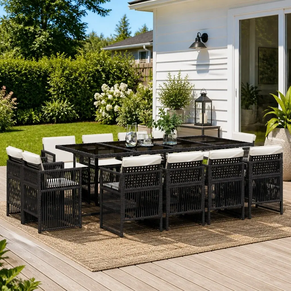 13 Piece Outdoor Furniture Set Black Cushions Poly Rattan Garden Dining Ensemble