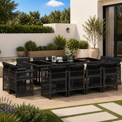 Outdoor Garden Dining Set 13 Piece Black Poly Rattan Chairs Table Cushions
