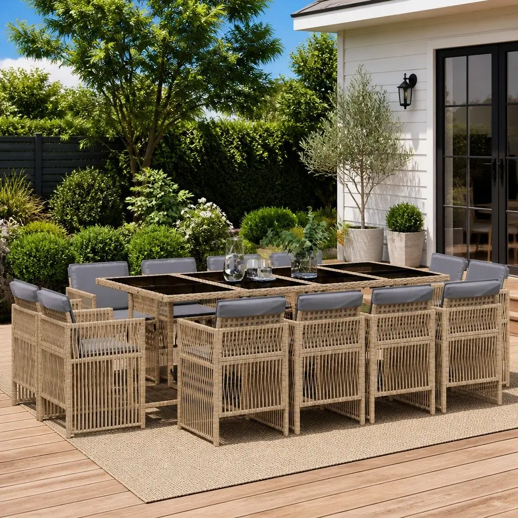 Garden Dining Set 13 Piece Outdoor Furniture Patio Beige Poly Rattan with