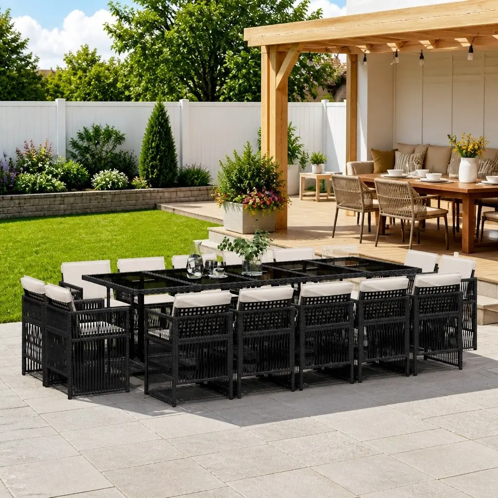 Garden Dining Set 15 Piece Outdoor Patio Furniture Black Poly Rattan Folding Chairs with Cushions