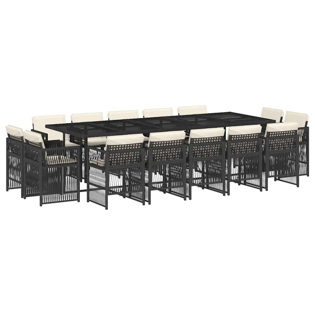 Garden Dining Set 15 Piece Outdoor Patio Furniture Black Poly Rattan Folding Chairs with Cushions