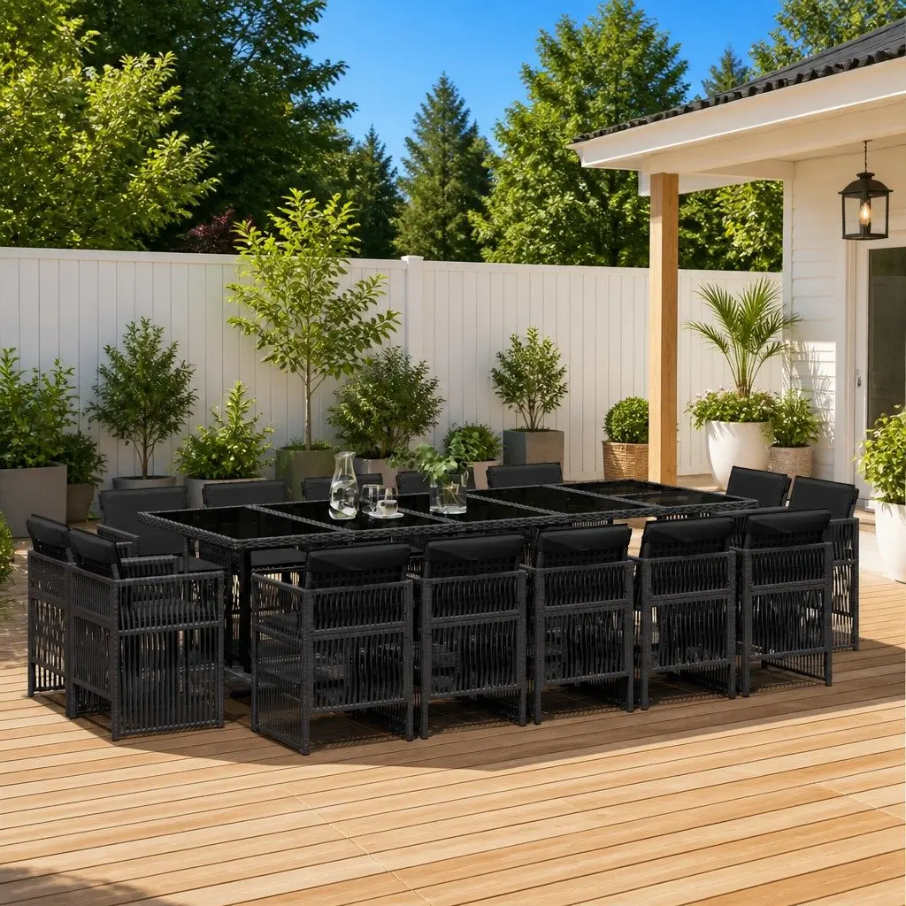 Outdoor Furniture Set 15 Piece Black PE Rattan Table Chairs with Cushions