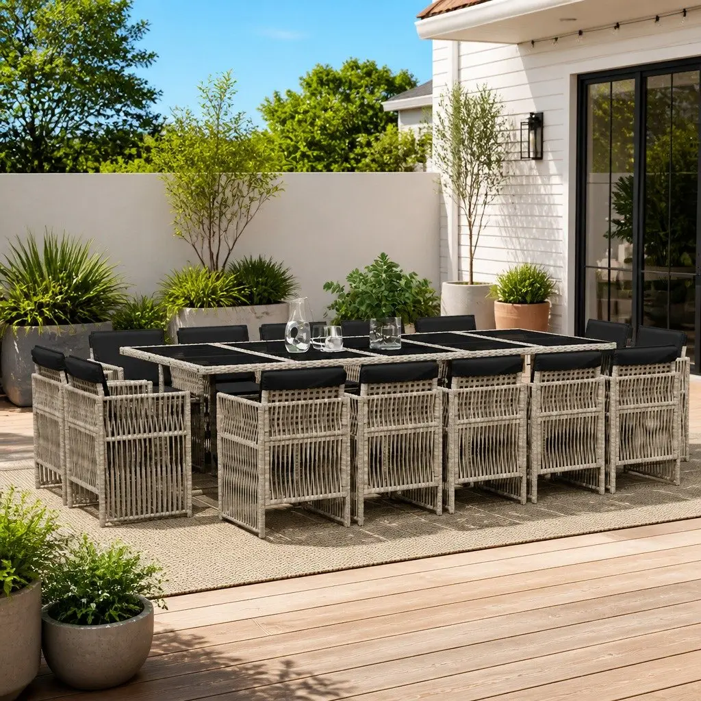 Outdoor Dining Set 15 Piece Cushioned Grey Poly Rattan Garden Furniture