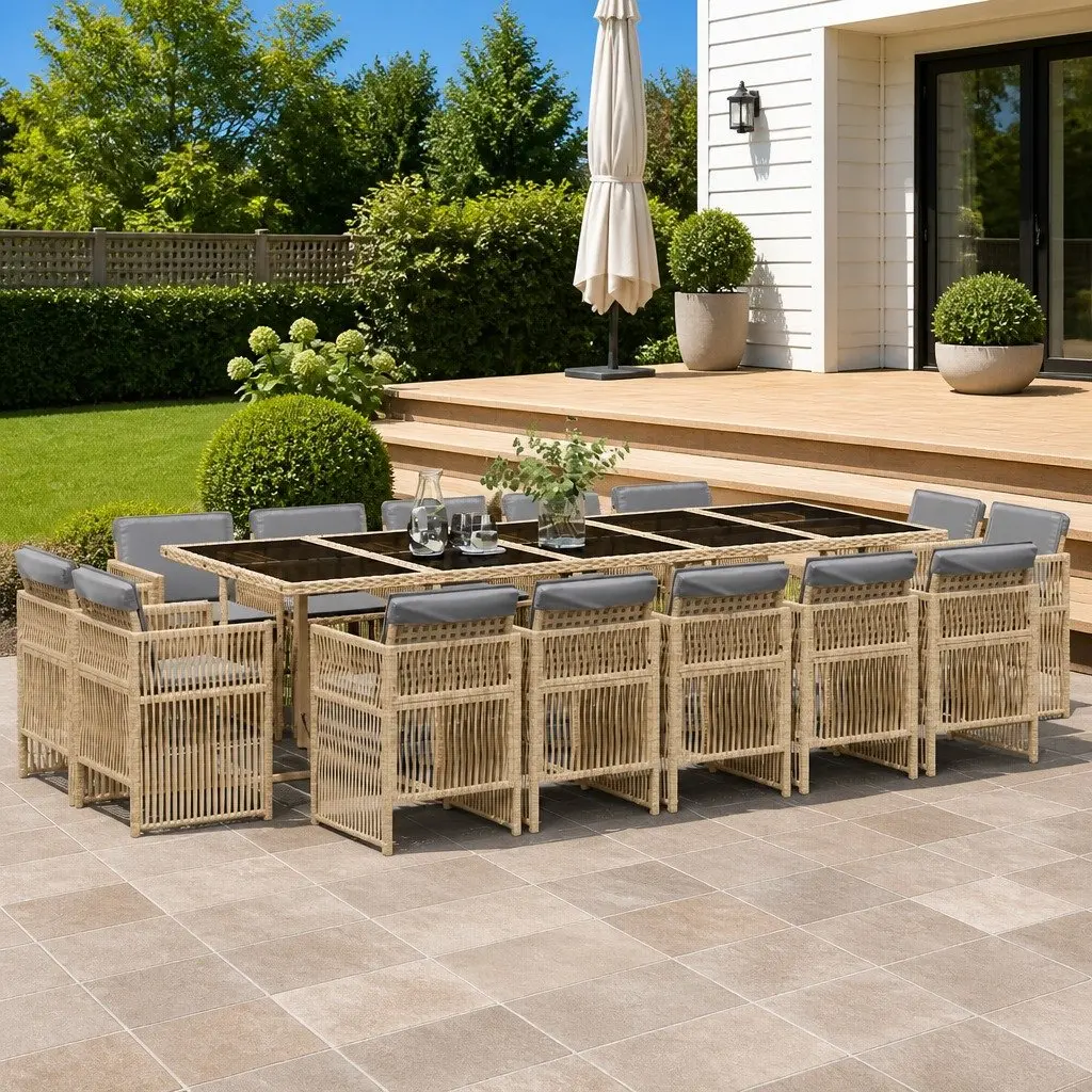 Garden Dining Set 15 Piece Outdoor Furniture Beige PE Rattan Chairs Table