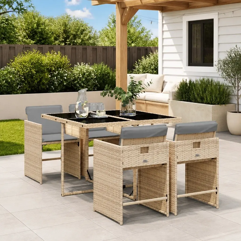5 Piece Garden Dining Set Cushioned Outdoor Patio Table Chairs Beige