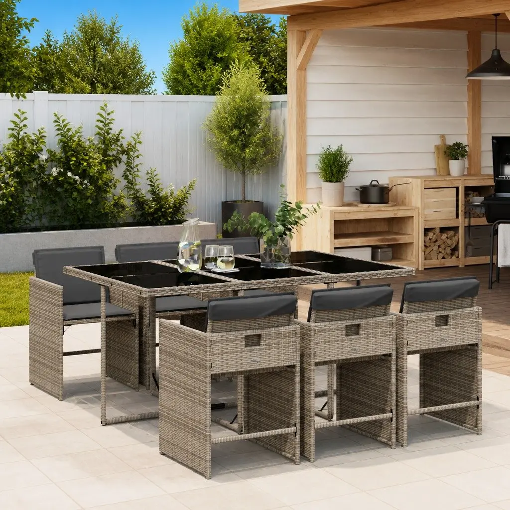Outdoor Dining Set Grey Poly Rattan 7 Piece Garden Furniture Table Chairs