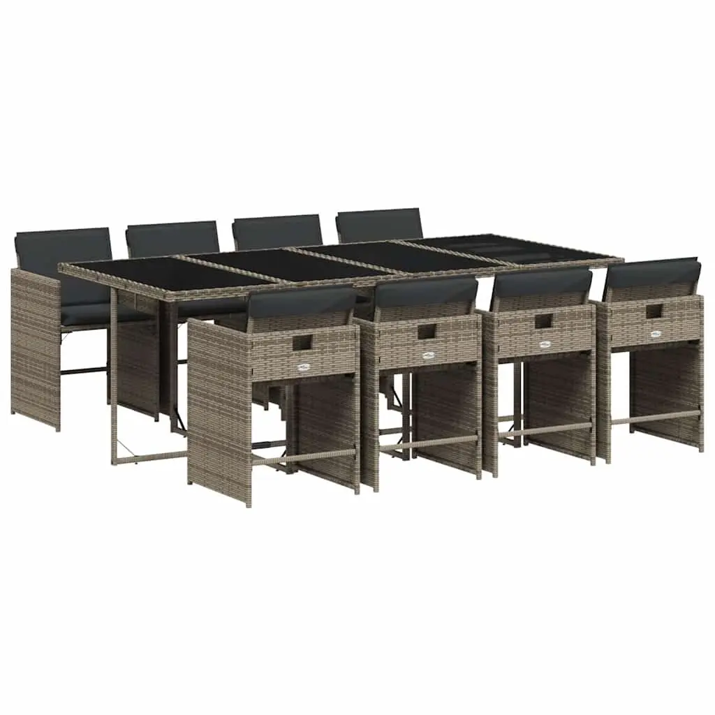 9 Piece Garden Dining Set Grey PE Rattan Chairs Table with Tempered Glass Top