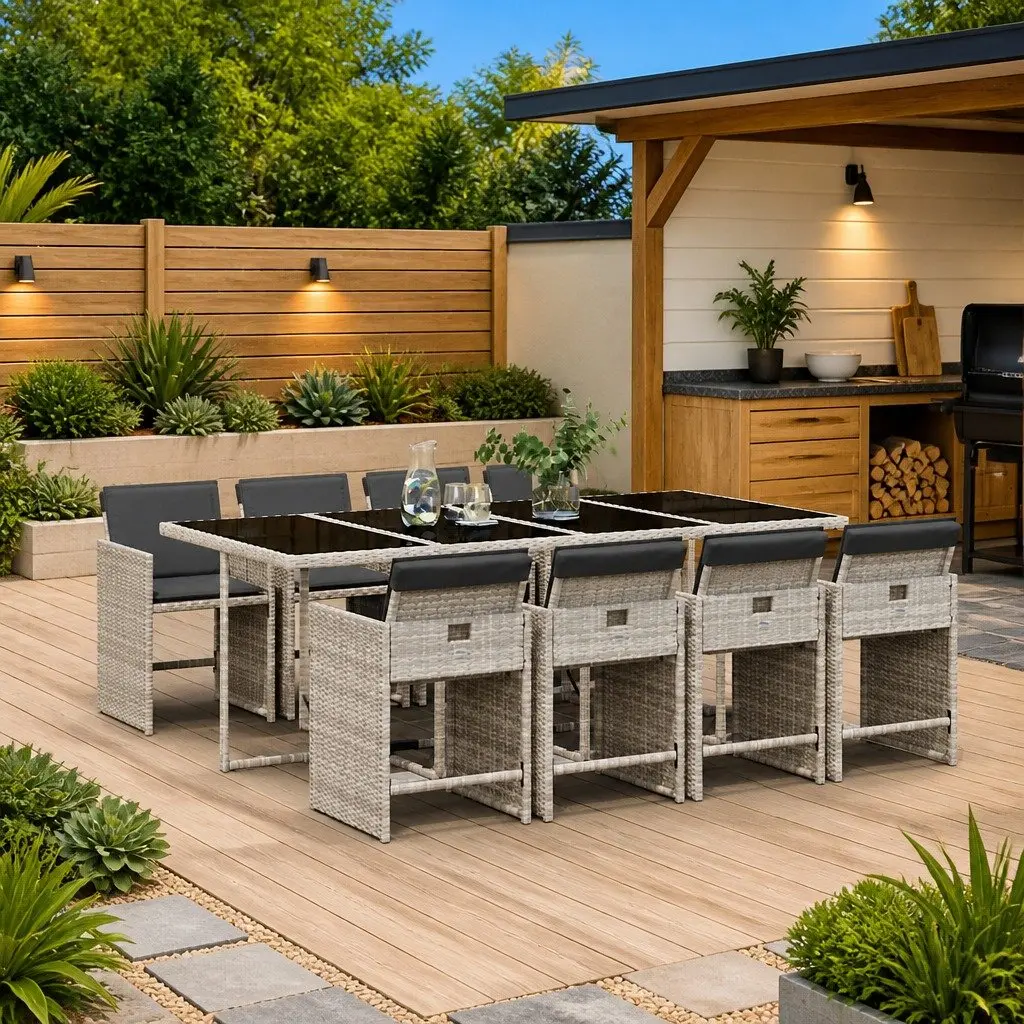 Garden Dining Set 9 Piece Grey Poly Rattan Chairs Table