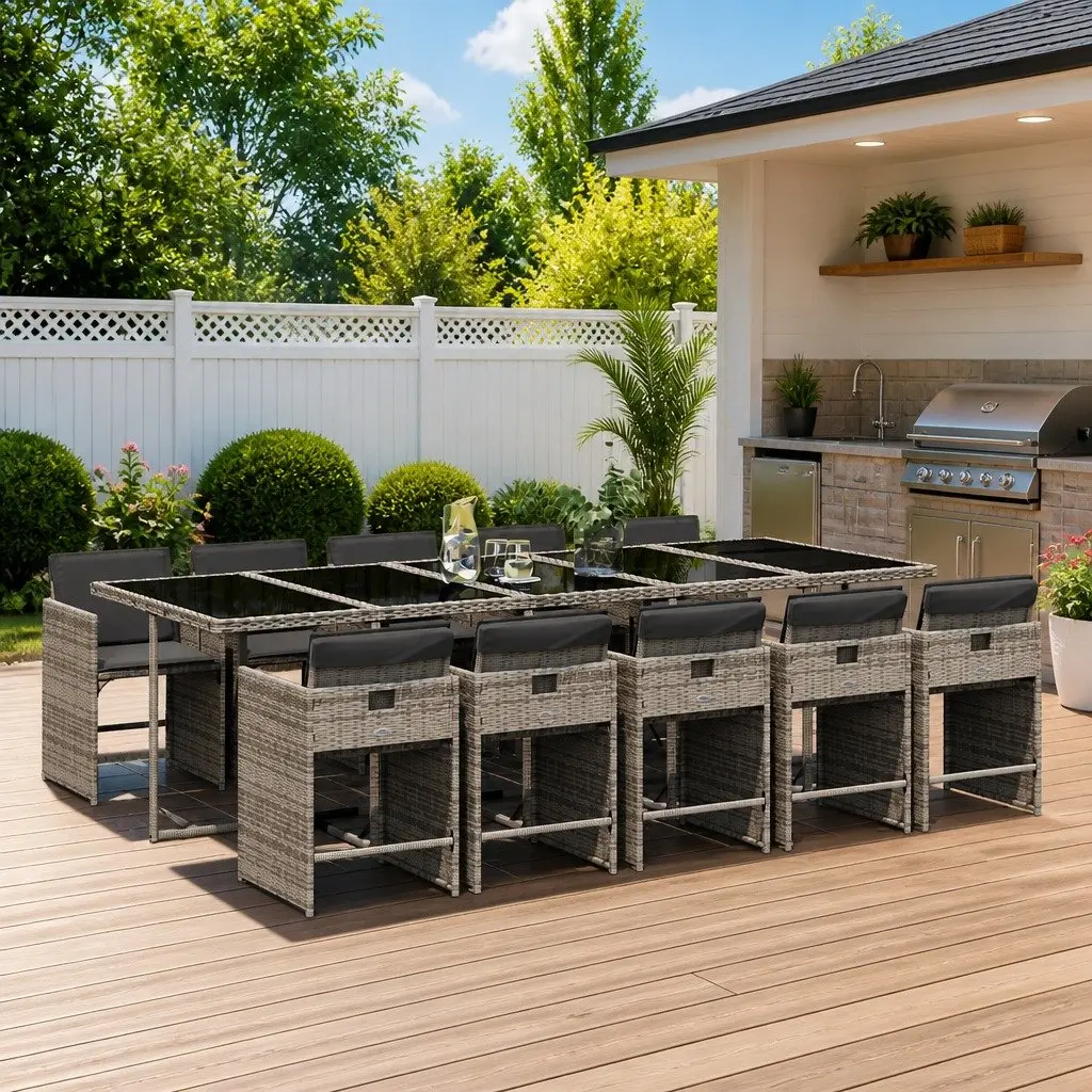11 Piece Garden Dining Set Grey Rattan Outdoor Furniture with Cushions