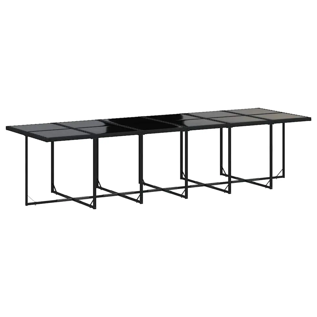Black Poly Rattan Patio Furniture Set with Thick Cushions and Tempered Glass Tabletop 13 Piece Outdoor Dining Arrangement