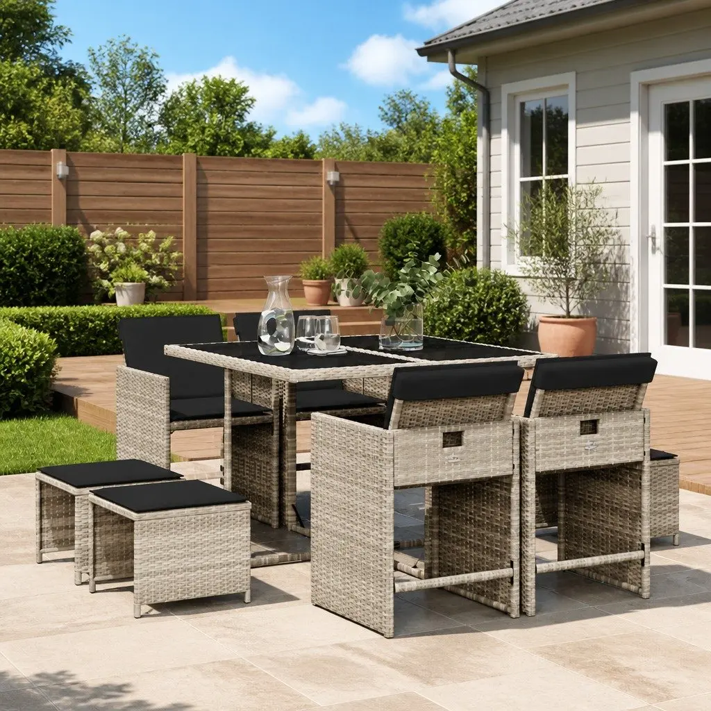 Outdoor Dining Set 9 Piece Grey Poly Rattan Table Chairs with Cushions