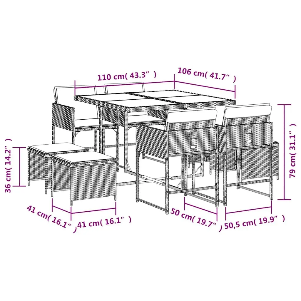 Outdoor Dining Set 9 Piece Grey Poly Rattan Table Chairs with Cushions