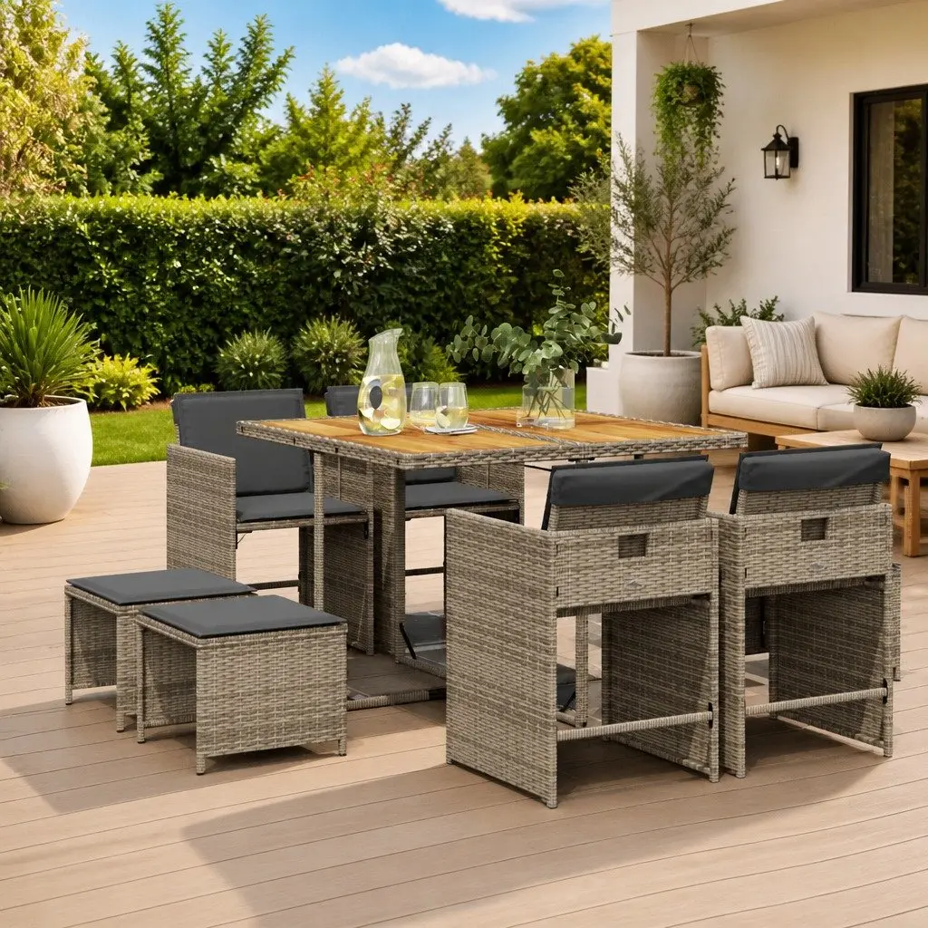 Garden Dining Set Grey Poly Rattan 9 Piece Outdoor Furniture with Cushions