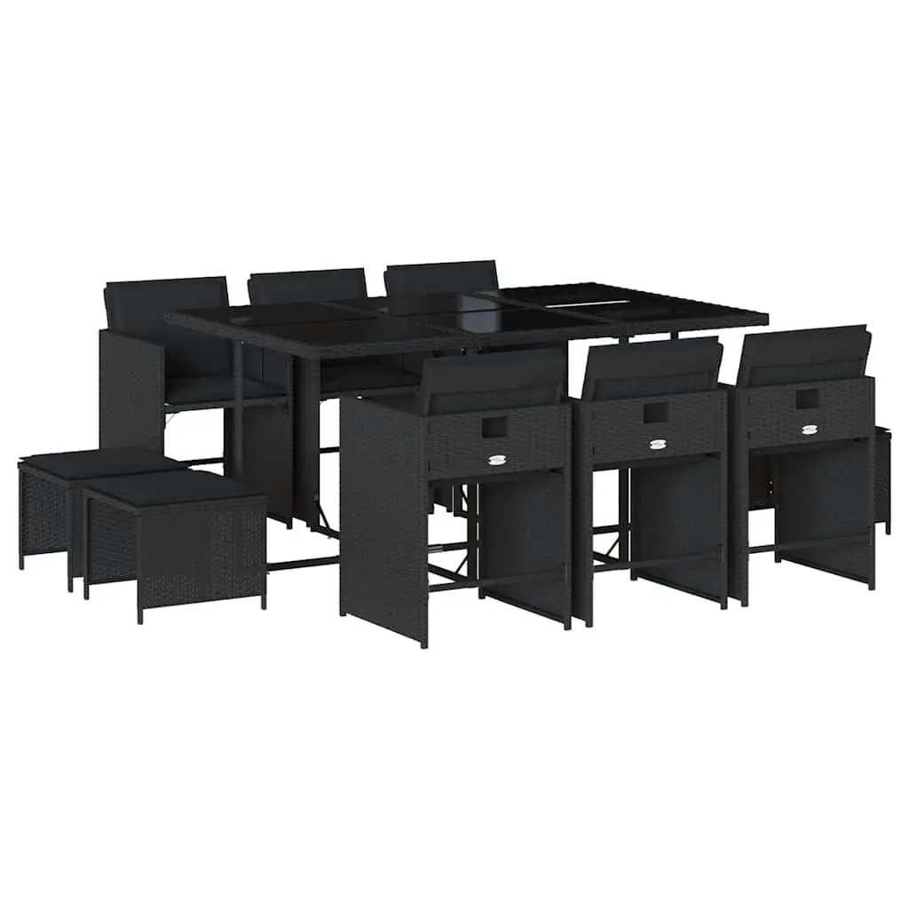 Garden Dining Set 11 Piece Outdoor Furniture Table Chairs Cushions Black Poly Rattan