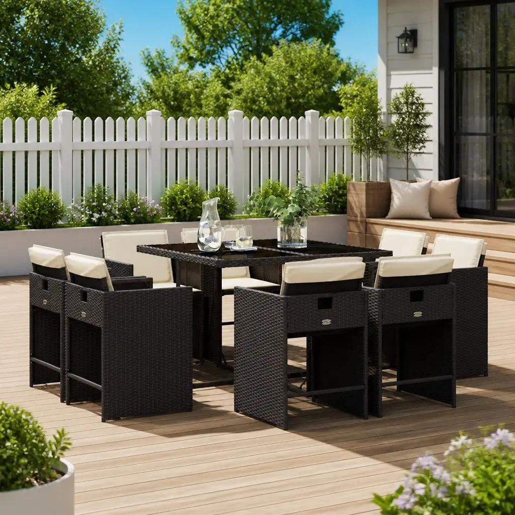 Garden Dining Set 9 Piece Outdoor Furniture Table Chairs with Cushions Black