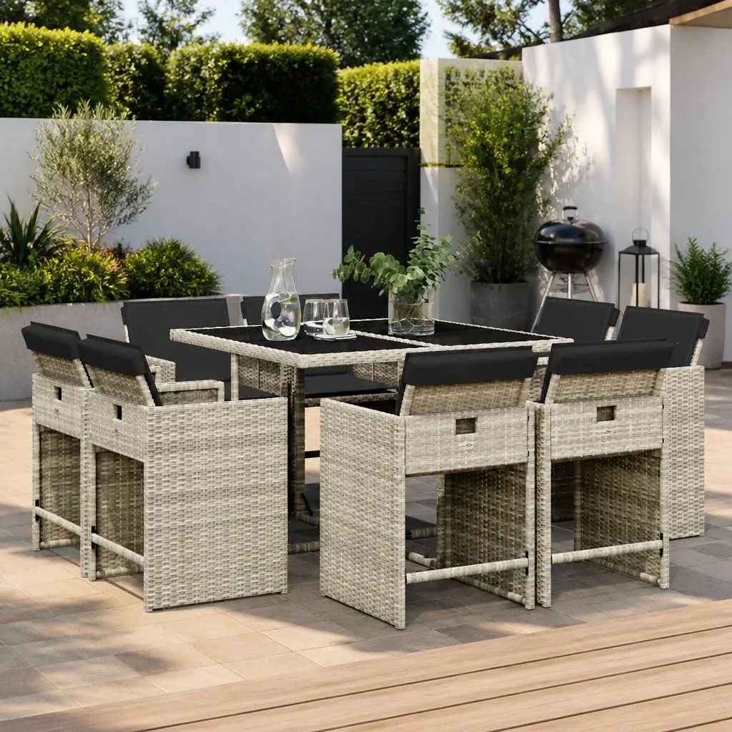 Outdoor Dining Set 9 Piece Space Saving Grey Poly Rattan Table Chairs