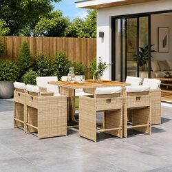 9 Piece Outdoor Dining Set with Cushions and Folding Chairs