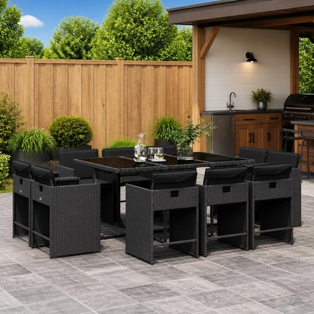 Black Poly Rattan Outdoor Dining Set 11 Piece with Cushions and Foldable Chairs for Garden Patio