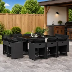 11 Piece Outdoor Dining Set Black Poly Rattan Table Chairs Cushions Patio