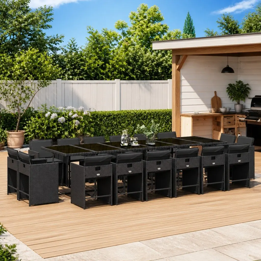 Outdoor Dining Set 17 Piece Black Poly Rattan Garden Furniture with Cushions