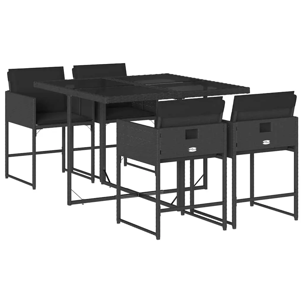 Outdoor Furniture Dining Set 5 Piece Black Poly Rattan Table and Chairs with Padded Seating and Tempered Glass Top