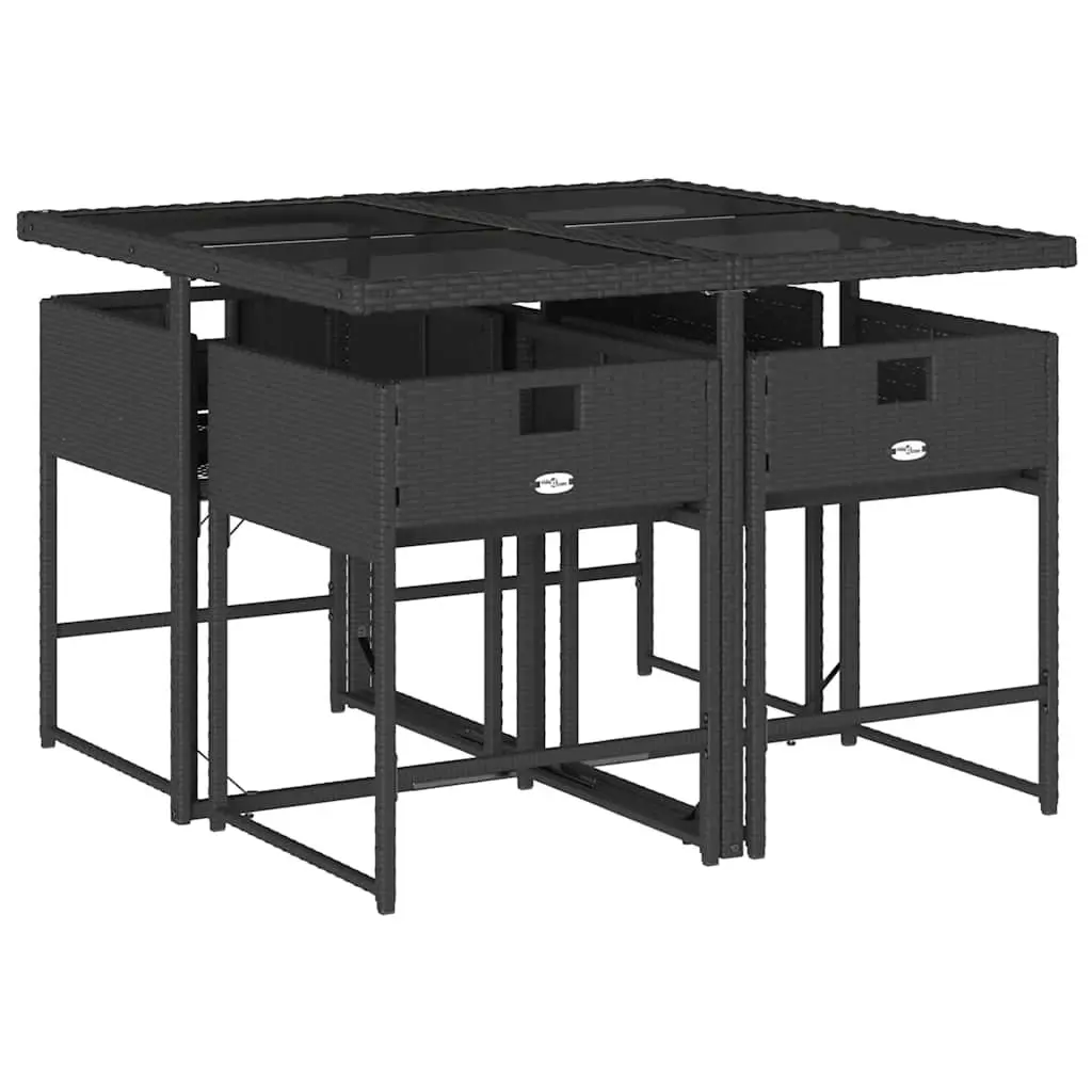 Outdoor Furniture Dining Set 5 Piece Black Poly Rattan Table and Chairs with Padded Seating and Tempered Glass Top