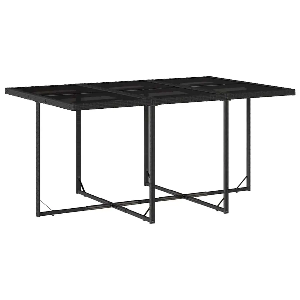7 Piece Black Poly Rattan Garden Dining Set with Foldable Chairs and Tempered Glass Table for Outdoor Patio