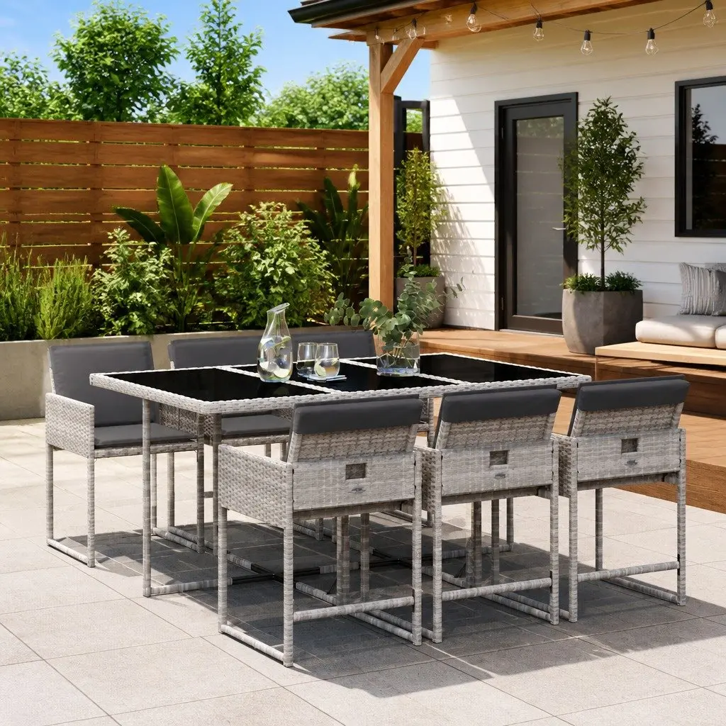 Outdoor Dining Set 7 Piece Grey PE Rattan Chairs Table with Cushions for Patio Garden