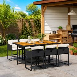 7 Piece Outdoor Dining Set Black Poly Rattan Chairs Foldable Cushions Garden