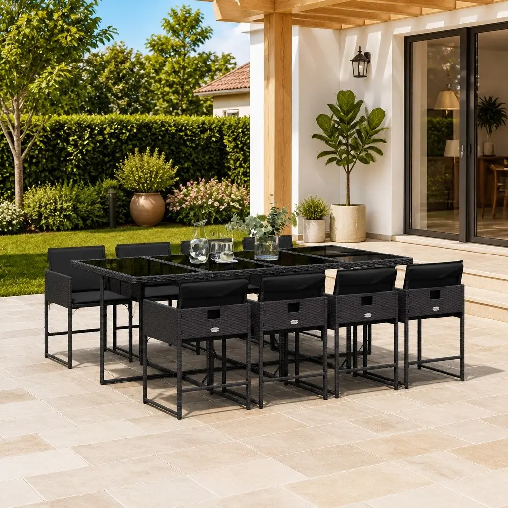 Outdoor Furniture Set 9 Piece Black Poly Rattan Patio Table with Foldable Chairs and Cushions