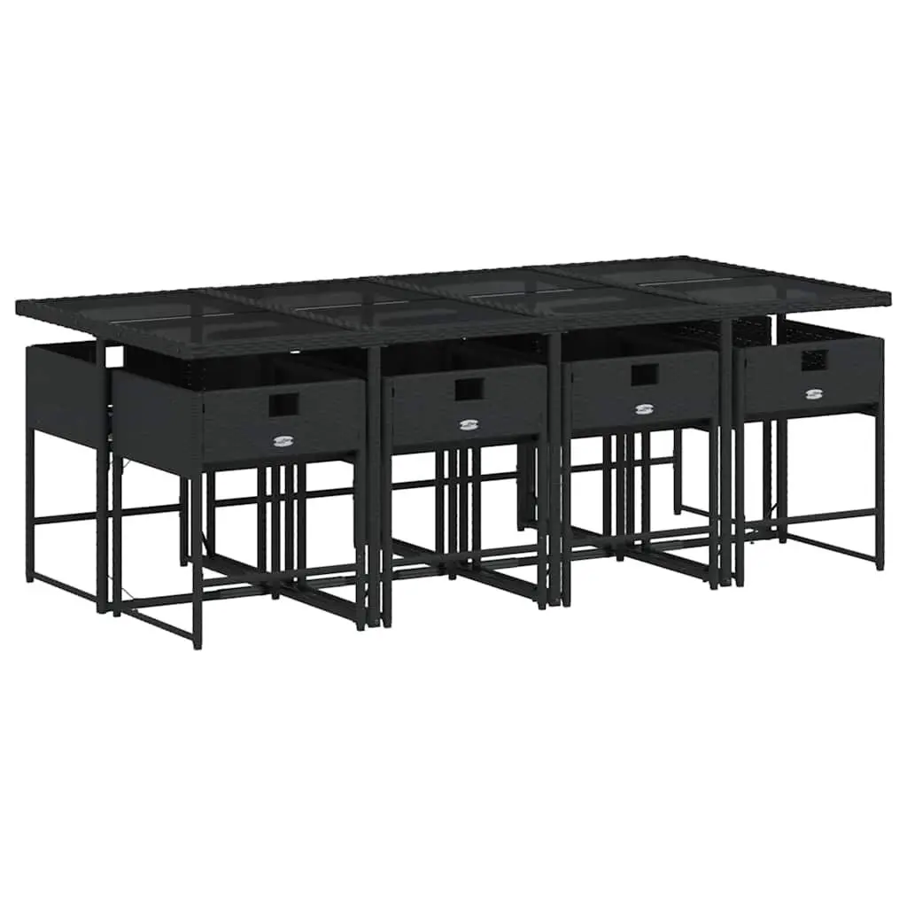Outdoor Furniture Set 9 Piece Black Poly Rattan Patio Table with Foldable Chairs and Cushions