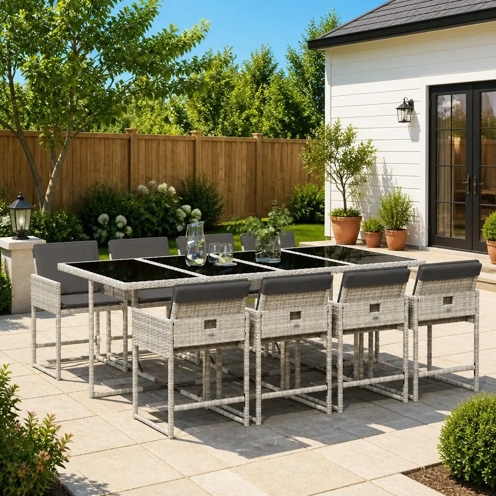 Outdoor Poly Rattan Dining Set Grey with Cushions Space Saving Foldable Chairs and Glass Top Table 9 Piece