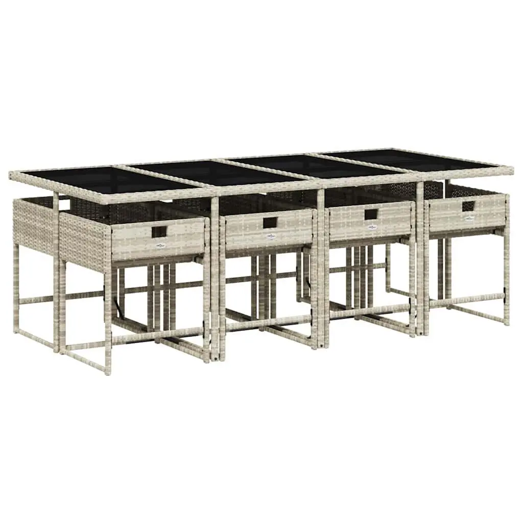 Outdoor Poly Rattan Dining Set Grey with Cushions Space Saving Foldable Chairs and Glass Top Table 9 Piece