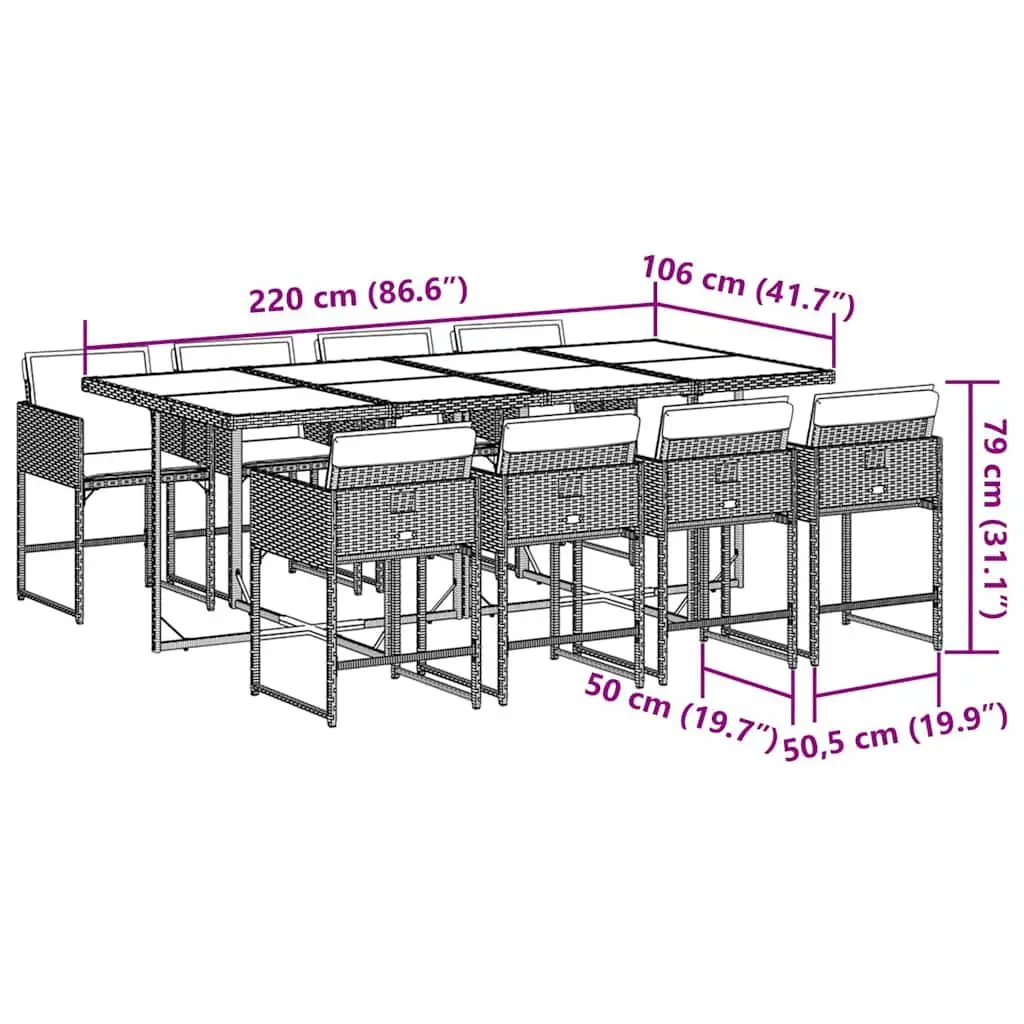 Outdoor Poly Rattan Dining Set Grey with Cushions Space Saving Foldable Chairs and Glass Top Table 9 Piece