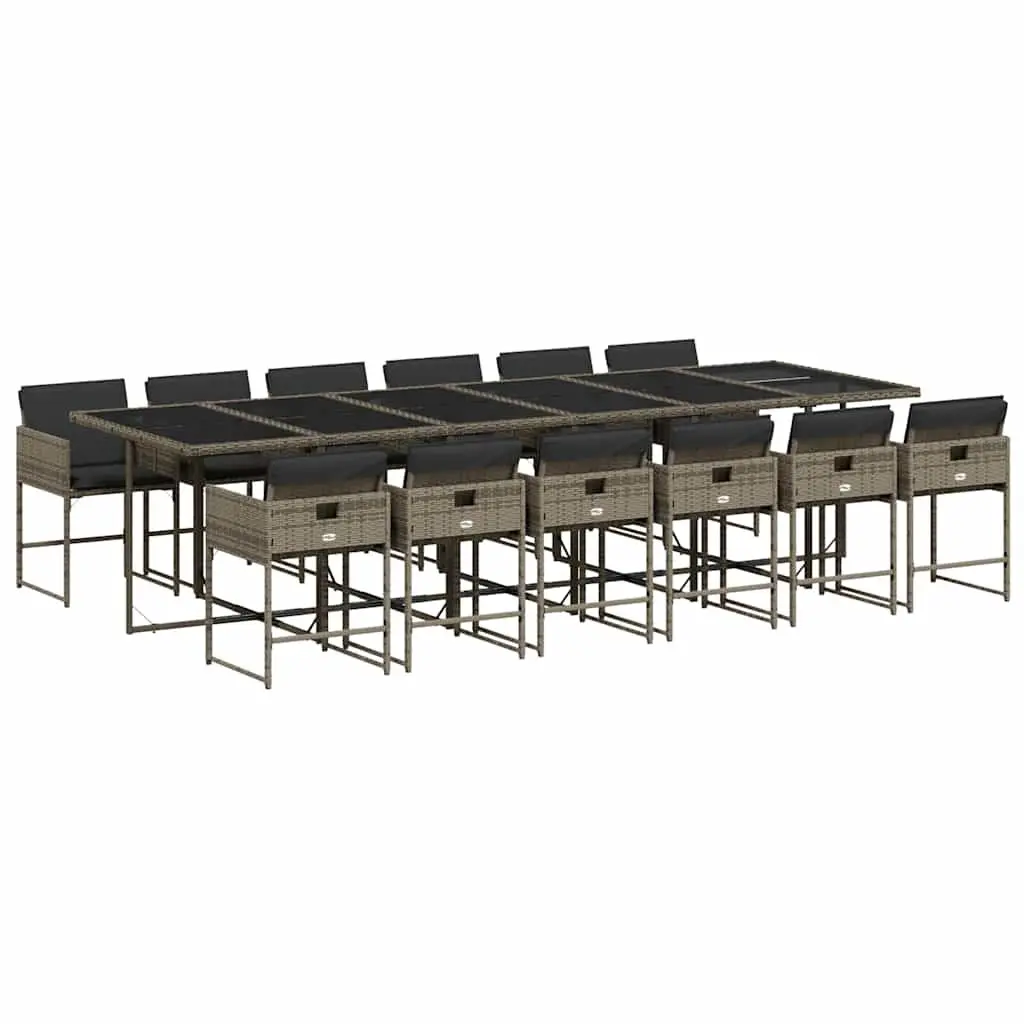 13PieceGardenDiningSetGreyPolyRattanOutdoorFurniturePatioSeatingWithFoldableChairsAndTemperedGlassTabletop
