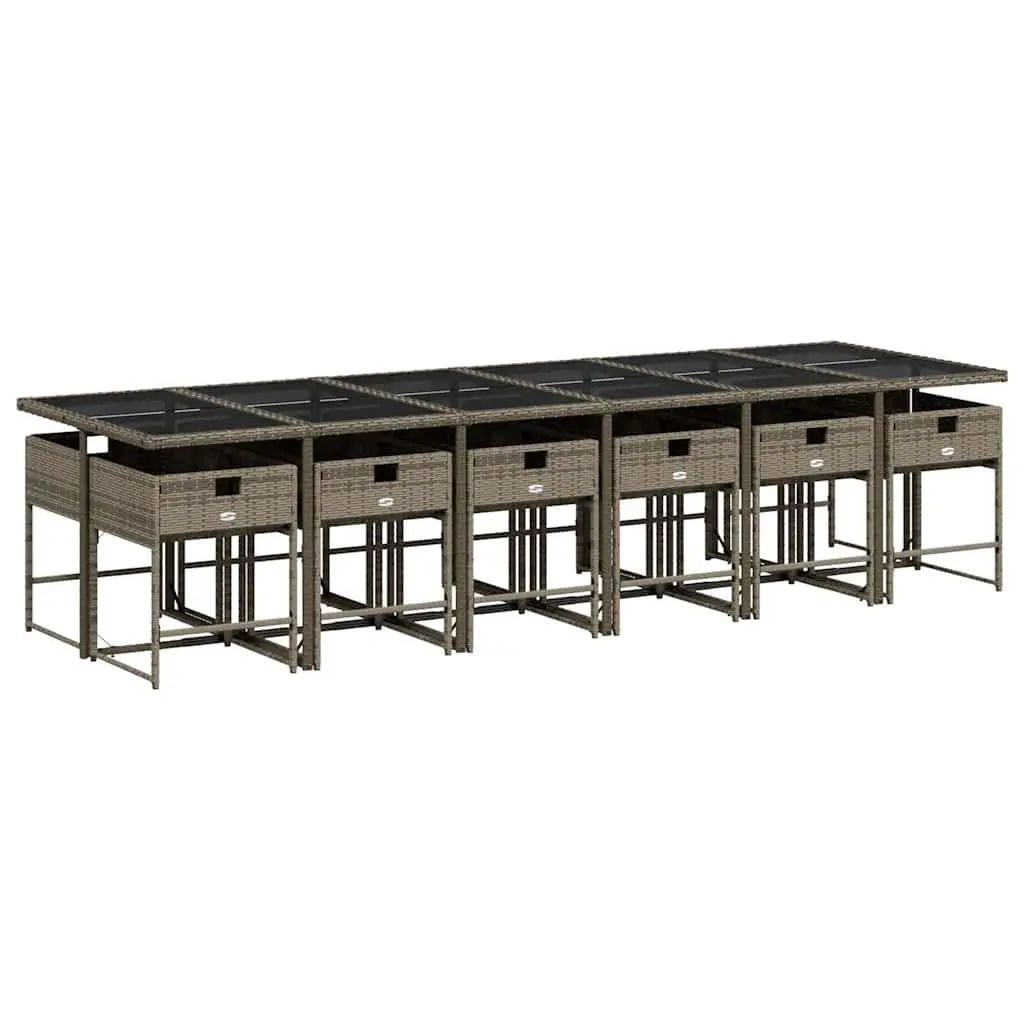 13PieceGardenDiningSetGreyPolyRattanOutdoorFurniturePatioSeatingWithFoldableChairsAndTemperedGlassTabletop