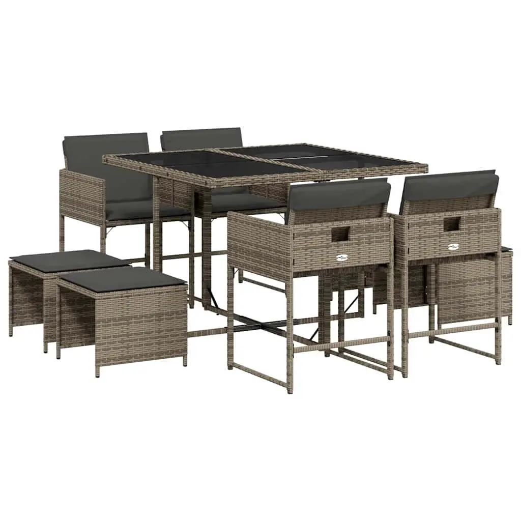 Outdoor Patio Furniture Set Grey Poly Rattan 9 Piece Garden Dining Set with Cushions