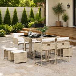 Garden Dining Set 9 Piece Outdoor Patio Furniture with Cushions Beige Poly