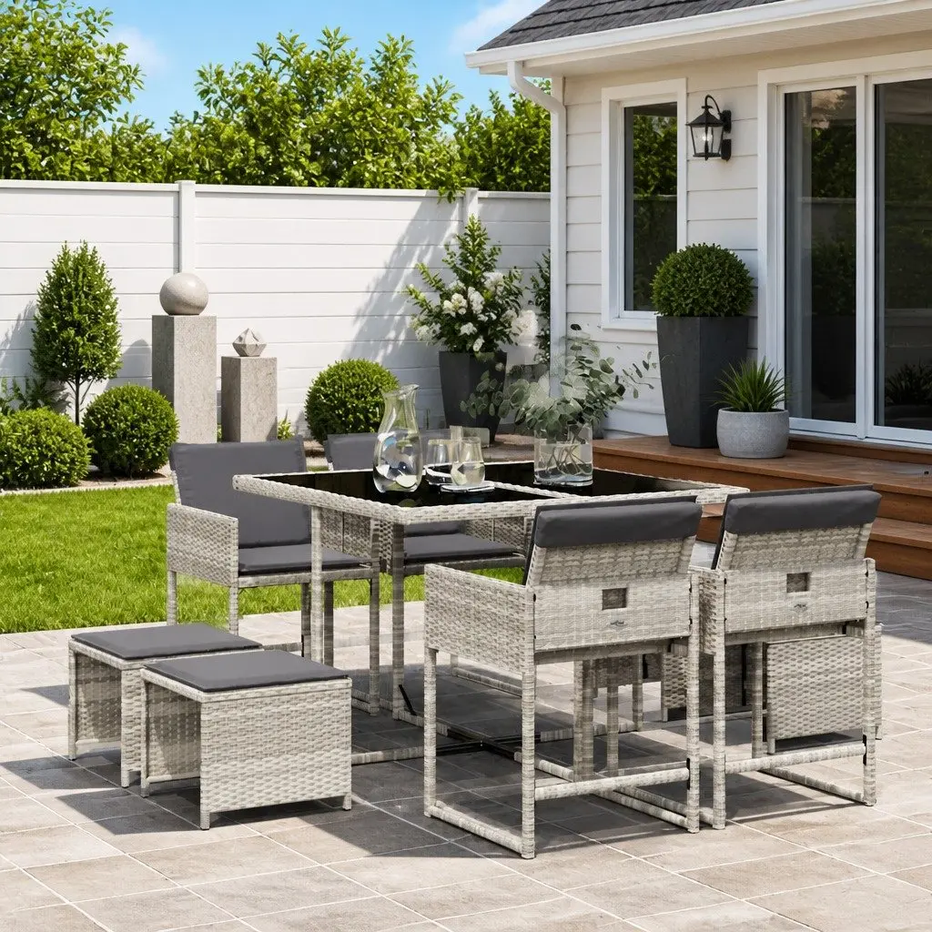 Garden Dining Set 9 Piece Grey Poly Rattan Chairs Table Outdoor Furniture