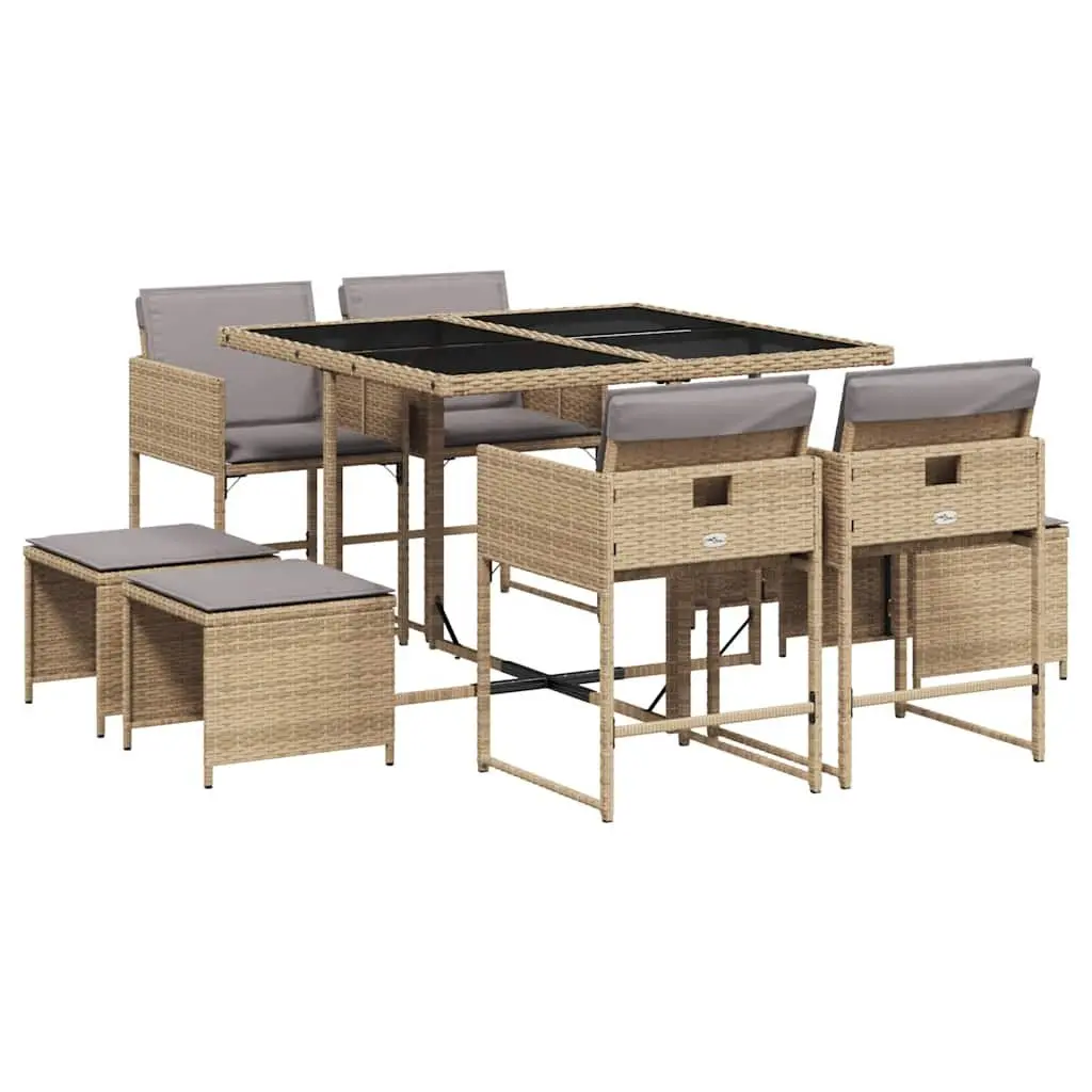 Garden Dining Set 9 Piece Outdoor Furniture PE Rattan Cushioned Beige