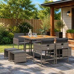 Garden Dining Set 9 Piece Grey Poly Rattan Outdoor Furniture Patio Table Chairs