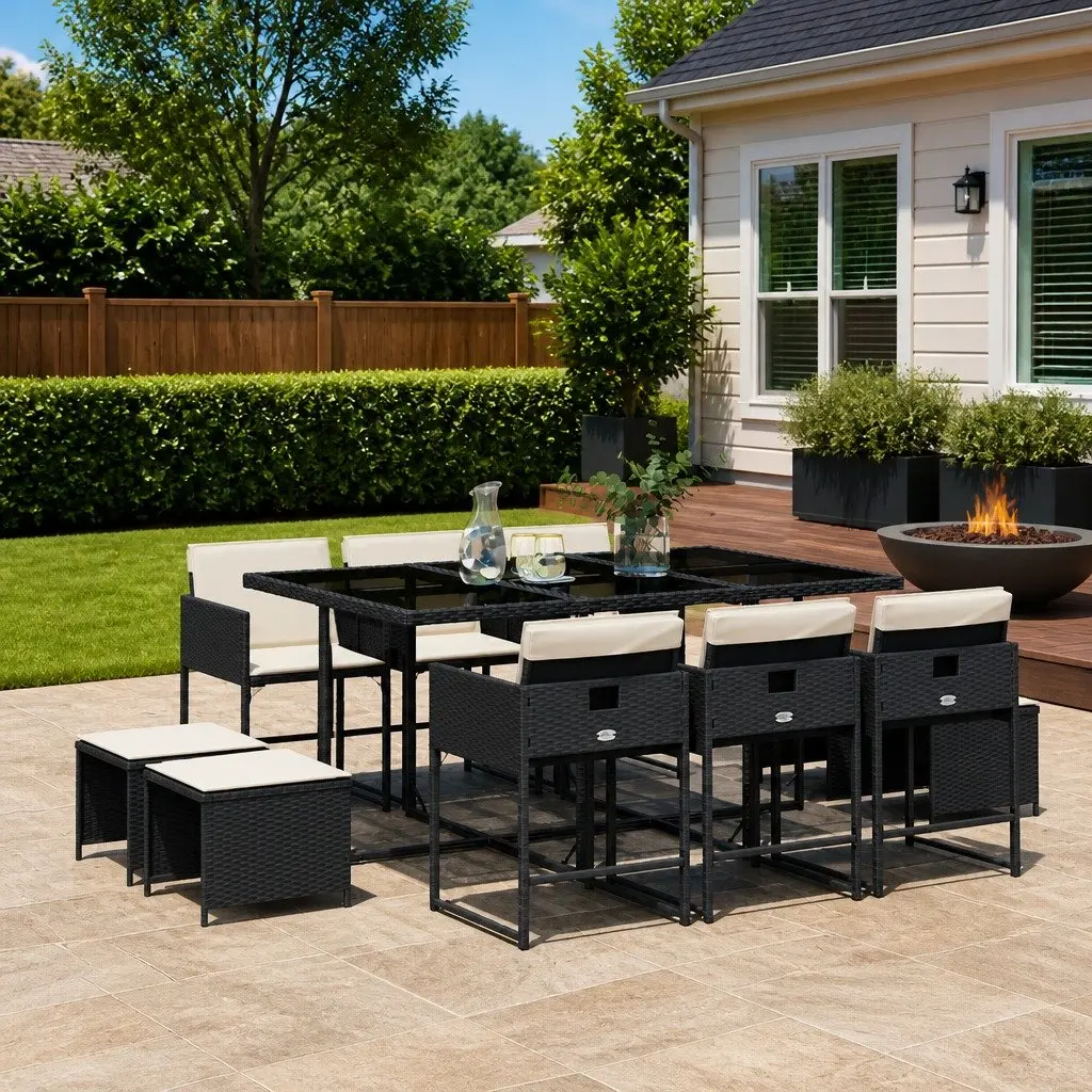 11 Piece Outdoor Dining Set Black PE Rattan Chairs and Table with Cushions for Garden Patio