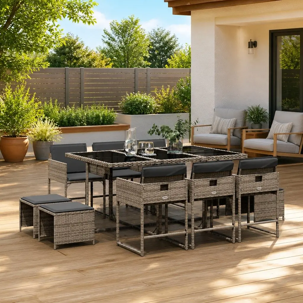 Outdoor Dining Set 11 Piece Grey PE Rattan Table with Chairs and Cushions