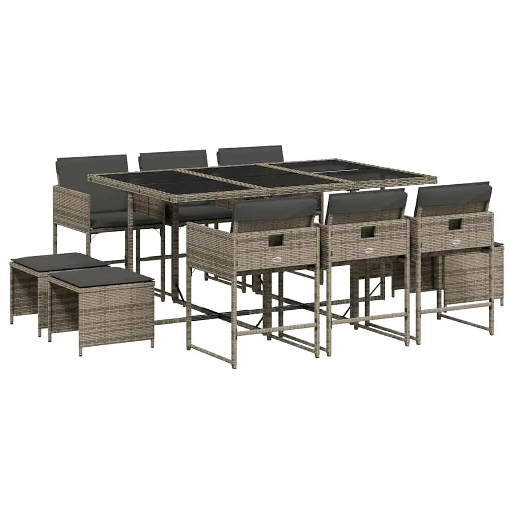 Outdoor Dining Set 11 Piece Grey PE Rattan Table with Chairs and Cushions