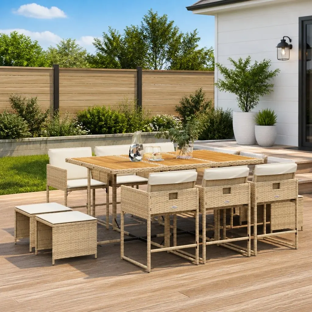 Garden Dining Set 11 Piece Outdoor Furniture Beige Cushions Patio Table