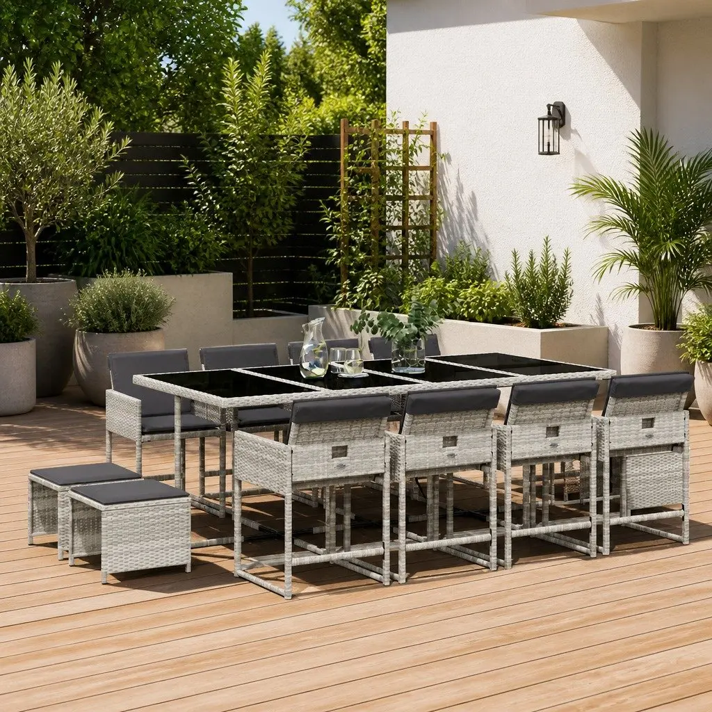 Garden Dining Set 13 Piece Grey Poly Rattan Outdoor Furniture with Cushions