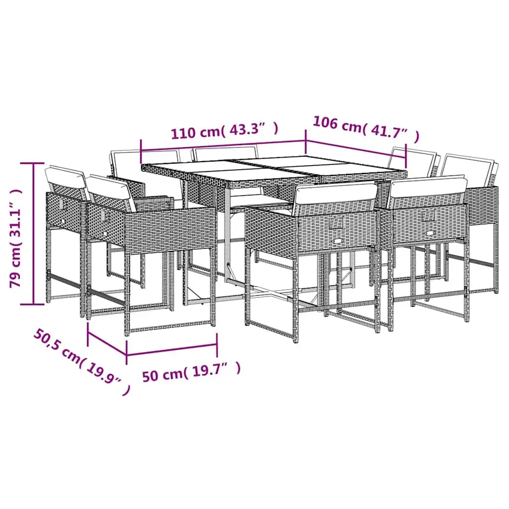 Garden Dining Set 9 Piece Outdoor Furniture Grey Poly Rattan with Cushions